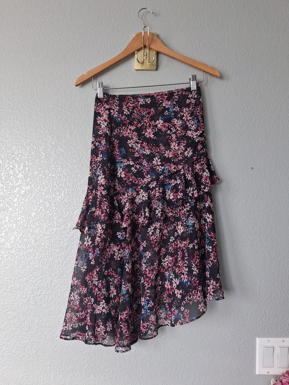 Misa Los Angeles Black Floral High-Low Ruffle Skirt